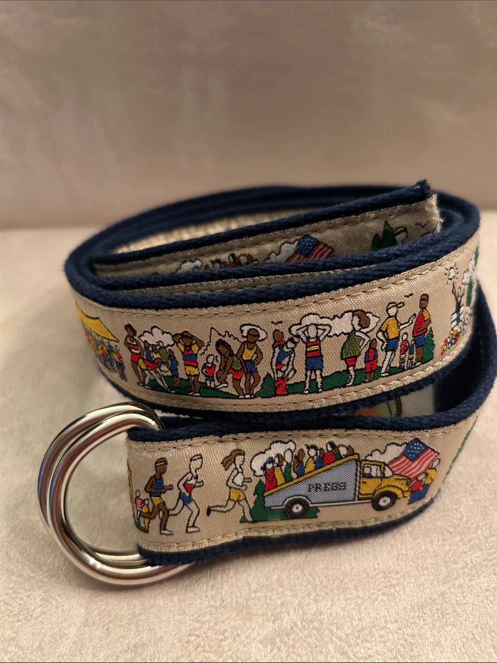 Belted Cow Novelty Ribbon D-Ring Belt with Patriotic RaceCrowd Print - Navy Trim